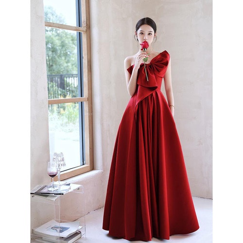 “리본 레드 유색드레스 대여 A라인 웨딩드레스, 완벽한 이벤트 의상”